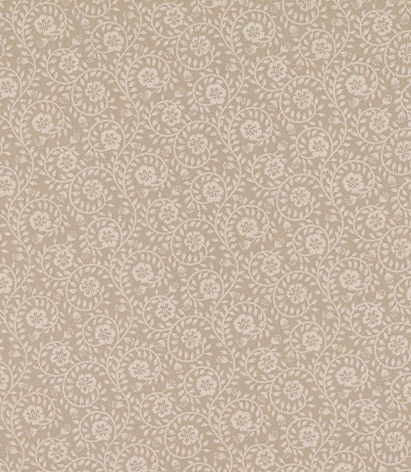 Marion Quaker fabric featuring an intricate ivory floral embroidery design with delicate scrolling vines, leaves and flowers on a soft beige background.
