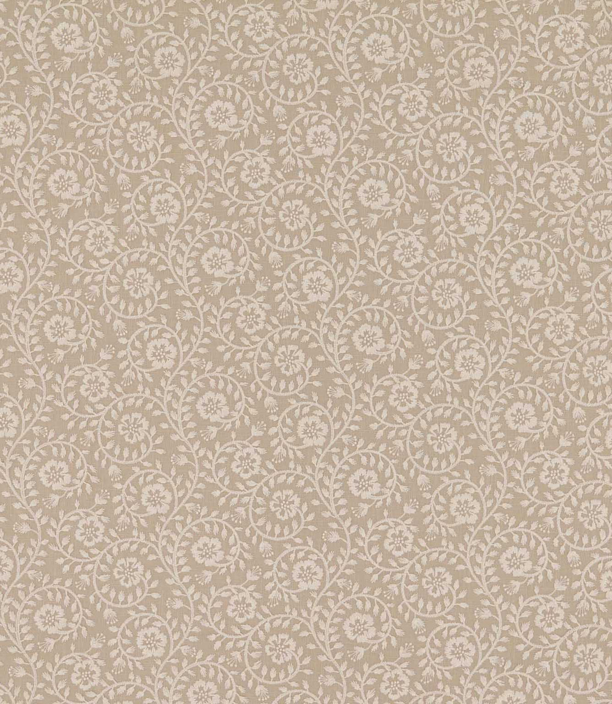 Marion Quaker fabric featuring an intricate ivory floral embroidery design with delicate scrolling vines, leaves and flowers on a soft beige background.