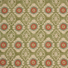Vintage floral medallion fabric in olive green with coral and cream detailing, shown as a full repeat pattern on textured linen-style cloth.