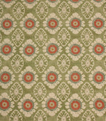 Vintage floral medallion fabric in olive green with coral and cream detailing, shown as a full repeat pattern on textured linen-style cloth.