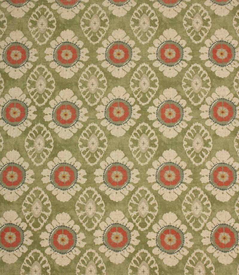 Vintage floral medallion fabric in olive green with coral and cream detailing, shown as a full repeat pattern on textured linen-style cloth.