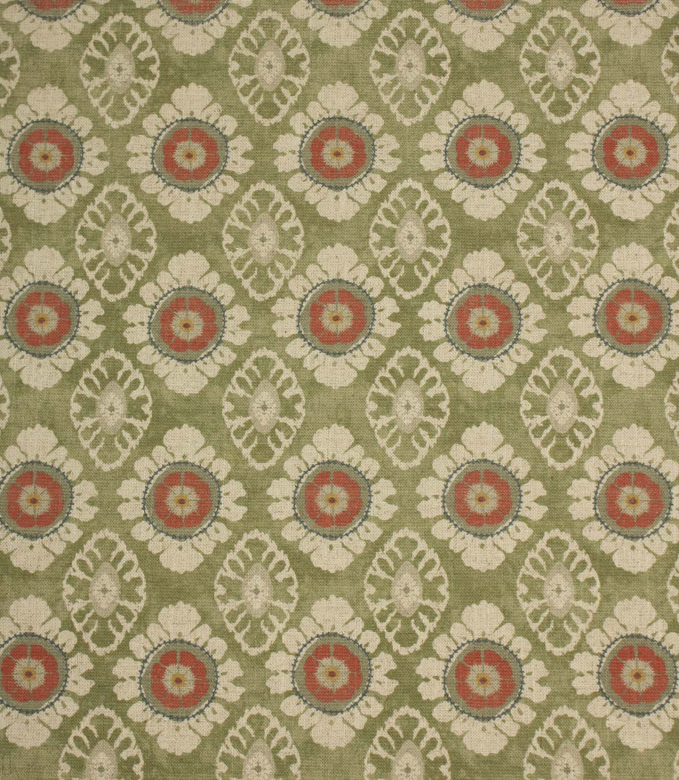 Vintage floral medallion fabric in olive green with coral and cream detailing, shown as a full repeat pattern on textured linen-style cloth.