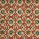 Vintage-inspired floral medallion fabric in terracotta red with cream and deep blue detailing, shown as a full repeat pattern.