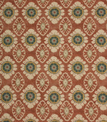 Vintage-inspired floral medallion fabric in terracotta red with cream and deep blue detailing, shown as a full repeat pattern.
