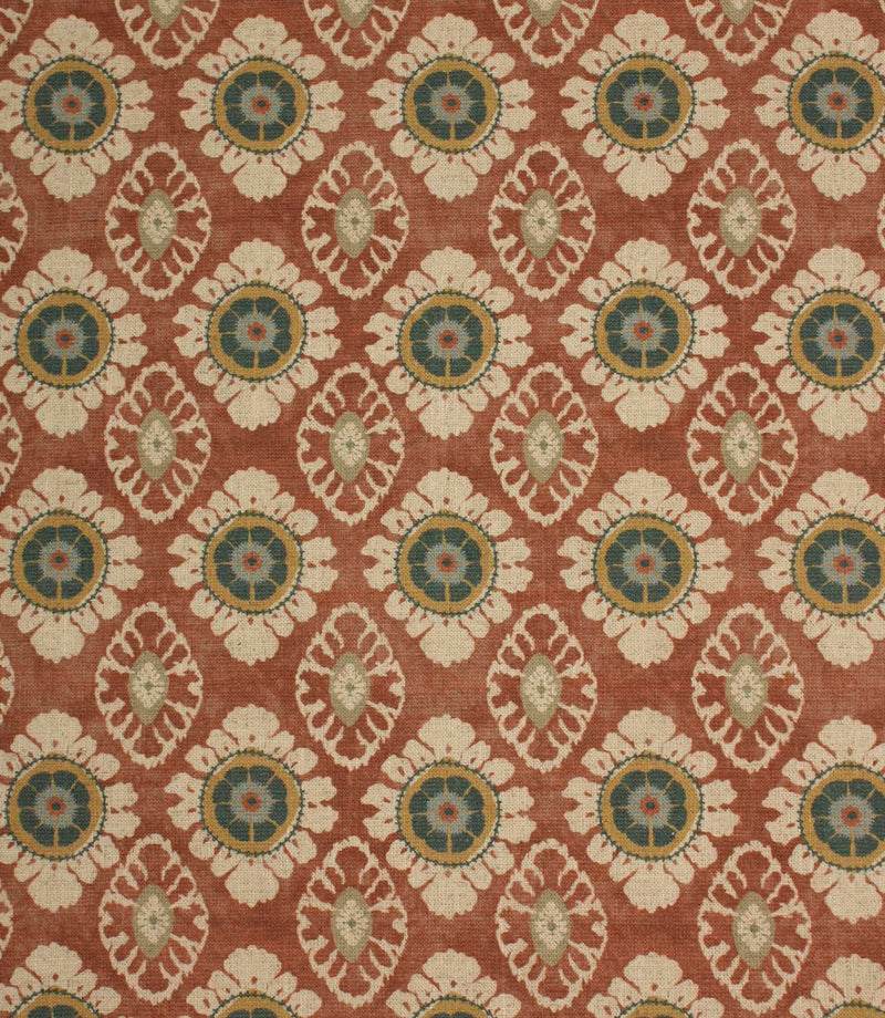 Vintage-inspired floral medallion fabric in terracotta red with cream and deep blue detailing, shown as a full repeat pattern.