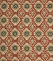 Vintage-inspired floral medallion fabric in terracotta red with cream and deep blue detailing, shown as a full repeat pattern.
