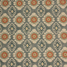 Blue grey floral medallion fabric with coral and cream detailing, displayed as a full repeat decorative pattern.