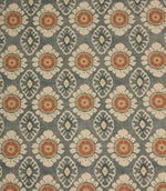 Blue grey floral medallion fabric with coral and cream detailing, displayed as a full repeat decorative pattern.