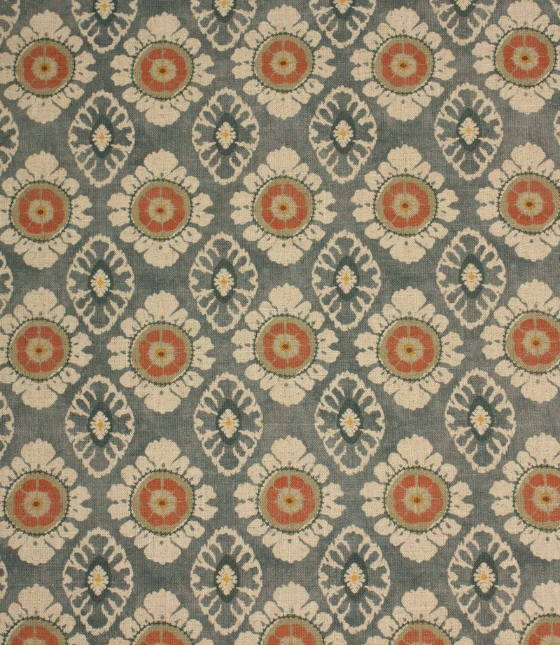 Blue grey floral medallion fabric with coral and cream detailing, displayed as a full repeat decorative pattern.