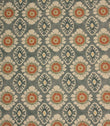 Blue grey floral medallion fabric with coral and cream detailing, displayed as a full repeat decorative pattern.