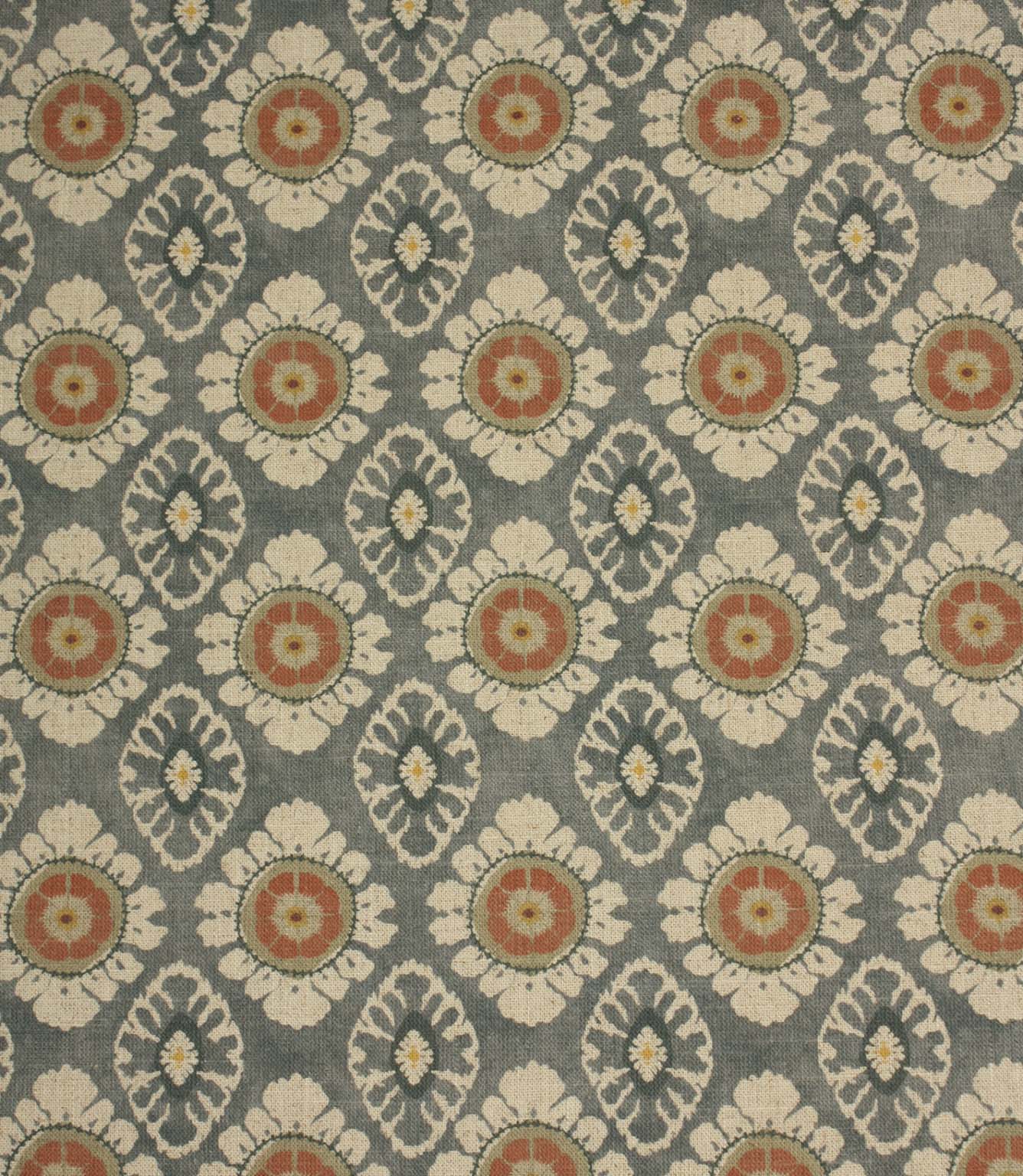 Blue grey floral medallion fabric with coral and cream detailing, displayed as a full repeat decorative pattern.