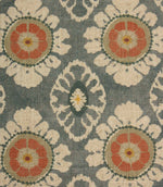 Close-up of blue grey vintage-style floral fabric with coral medallions and cream ornamental motifs.