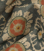 Detailed close-up of blue grey woven floral fabric, showing textured surface and stylised medallion design.