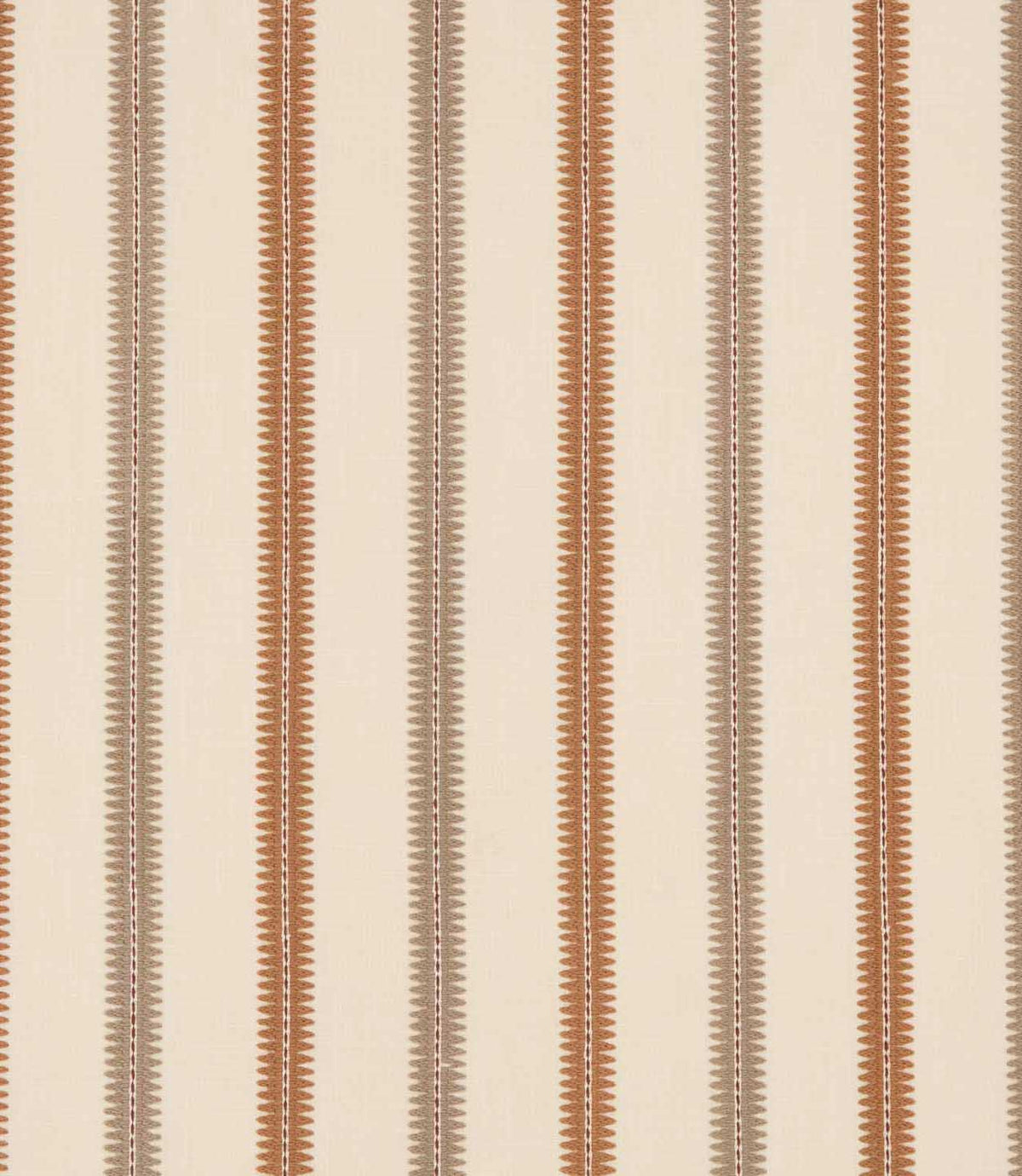 Meschutt Coralee embroidered stripe fabric featuring alternating terracotta and taupe vertical stripes with decorative zigzag edges on a warm ivory background.