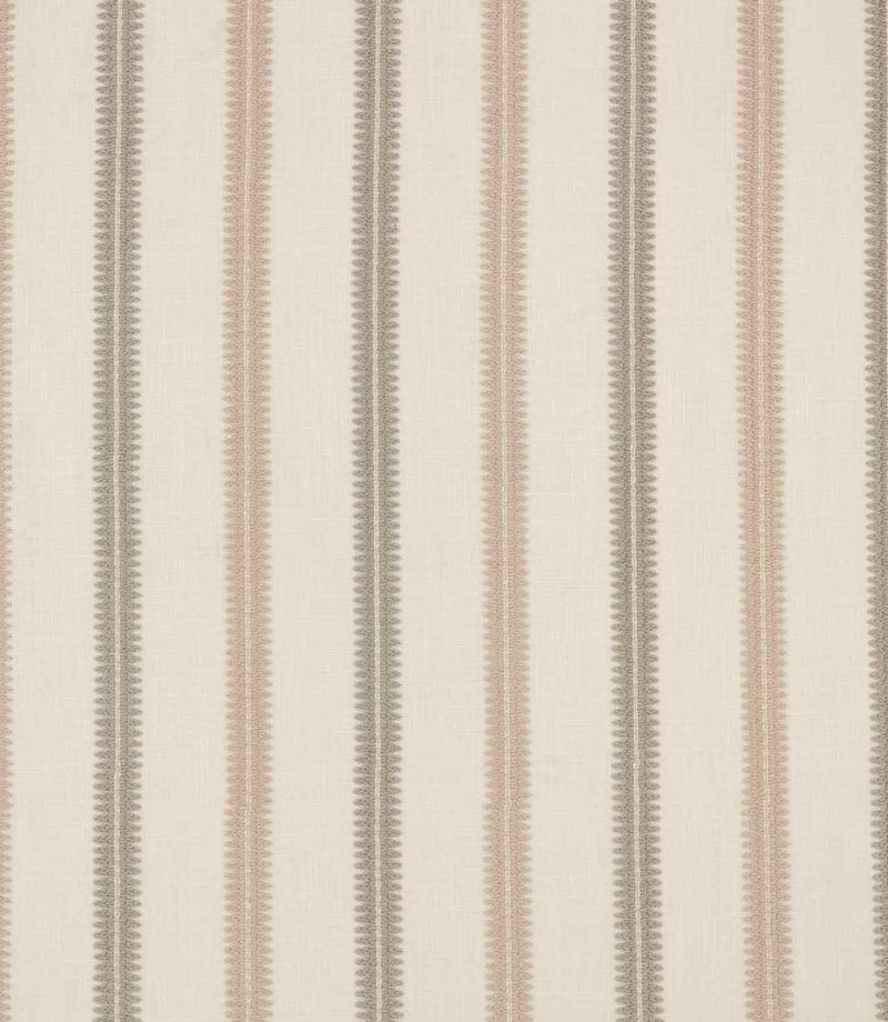 Meschutt Oyster embroidered fabric featuring alternating soft blush pink and grey-taupe vertical stripes with delicate zigzag detailing on an ivory background.