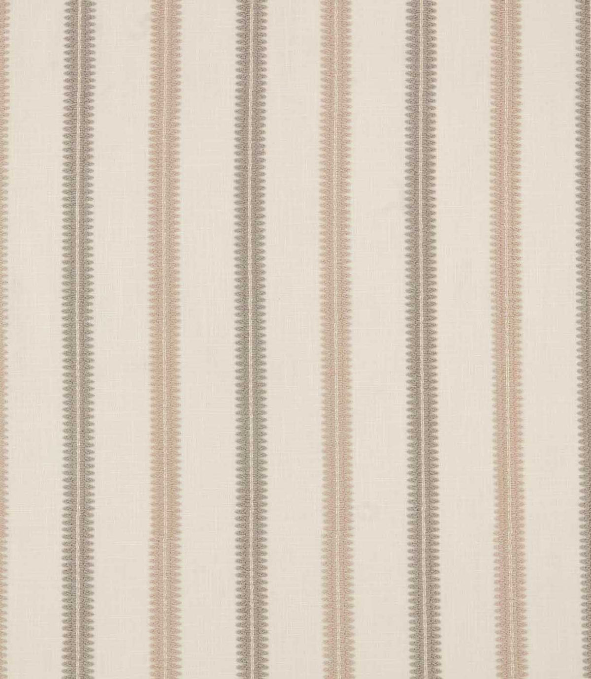 Meschutt Oyster embroidered fabric featuring alternating soft blush pink and grey-taupe vertical stripes with delicate zigzag detailing on an ivory background.