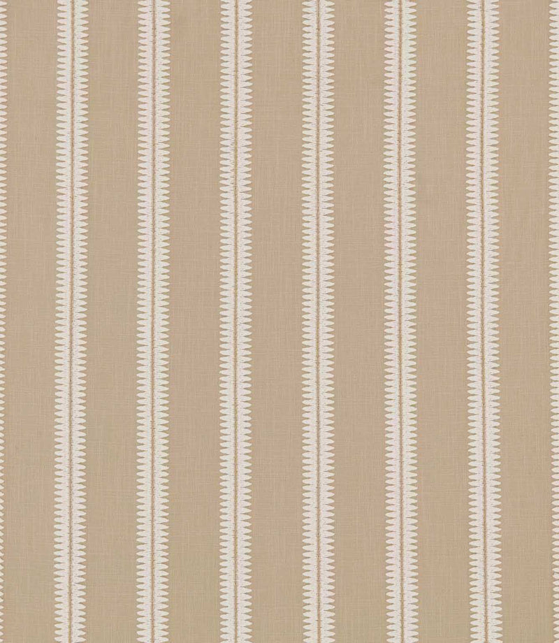 Meschutt Quaker fabric featuring evenly spaced ivory embroidered vertical stripes with decorative zigzag edges on a natural beige woven background.