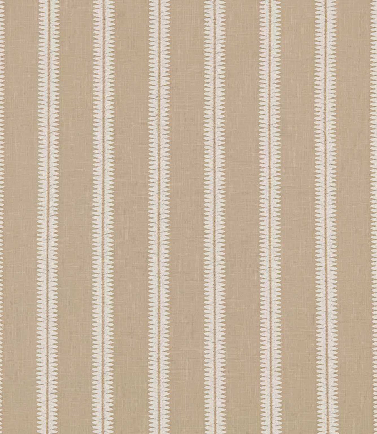 Meschutt Quaker fabric featuring evenly spaced ivory embroidered vertical stripes with decorative zigzag edges on a natural beige woven background.