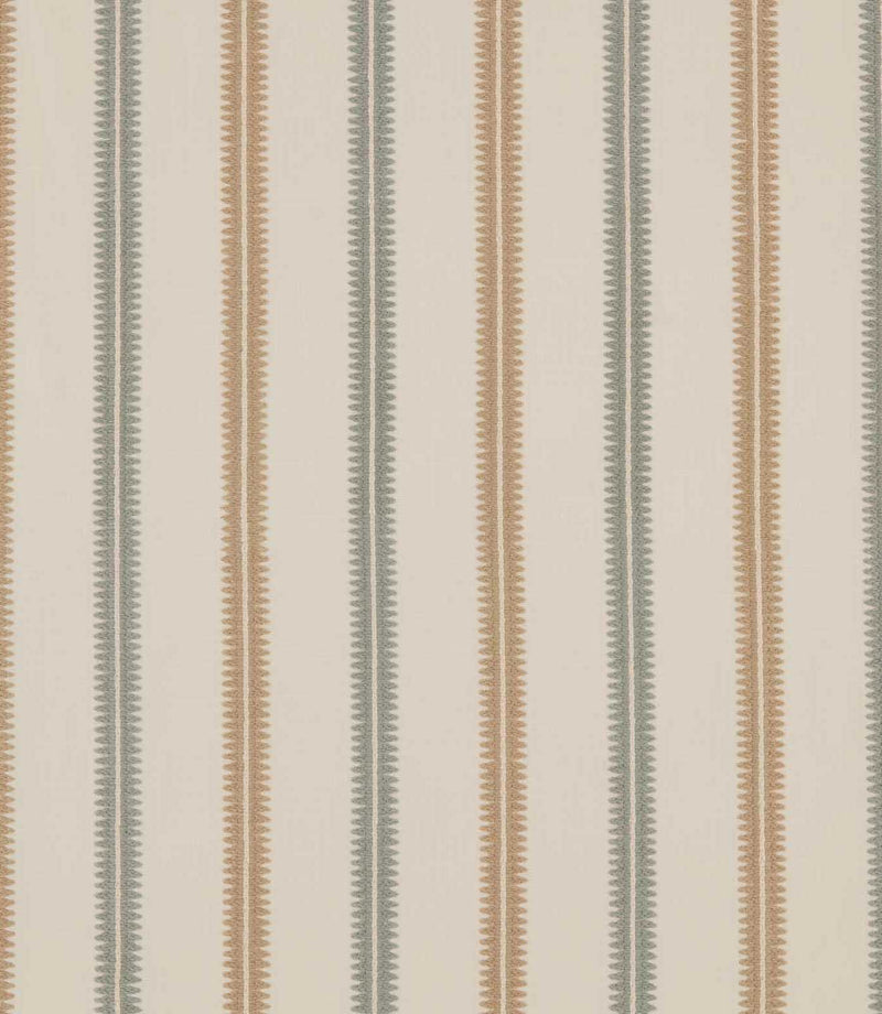 Meschutt Saltwater embroidered stripe fabric featuring alternating muted blue-grey and warm tan vertical stripes with zigzag edges on a soft ivory background.