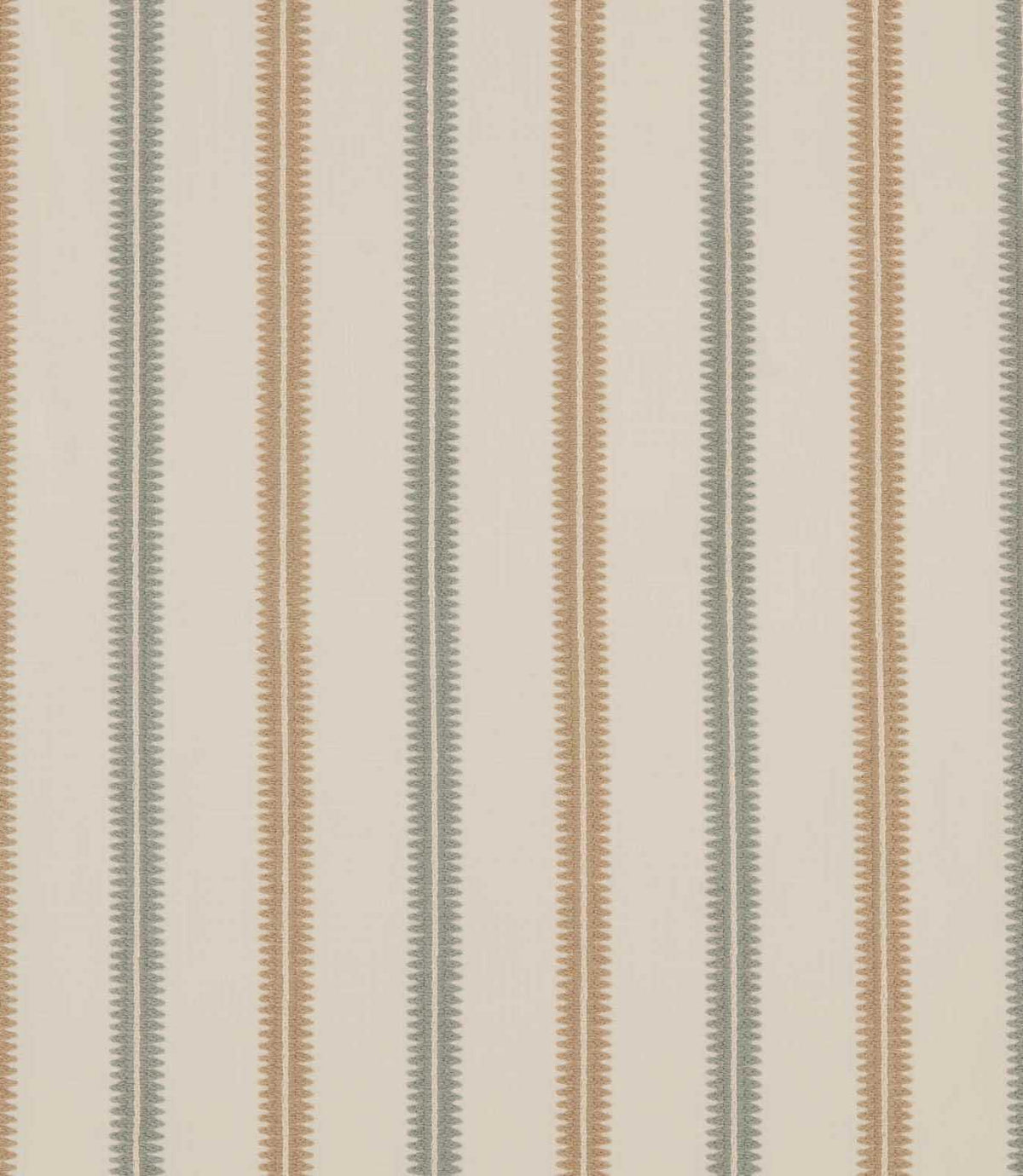 Meschutt Saltwater embroidered stripe fabric featuring alternating muted blue-grey and warm tan vertical stripes with zigzag edges on a soft ivory background.