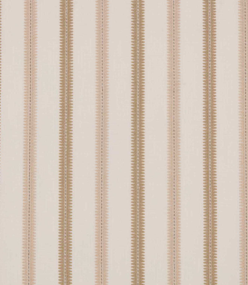 Meschutt Shell embroidered fabric featuring alternating soft blush pink and warm beige vertical stripes with decorative zigzag edges on an ivory background.