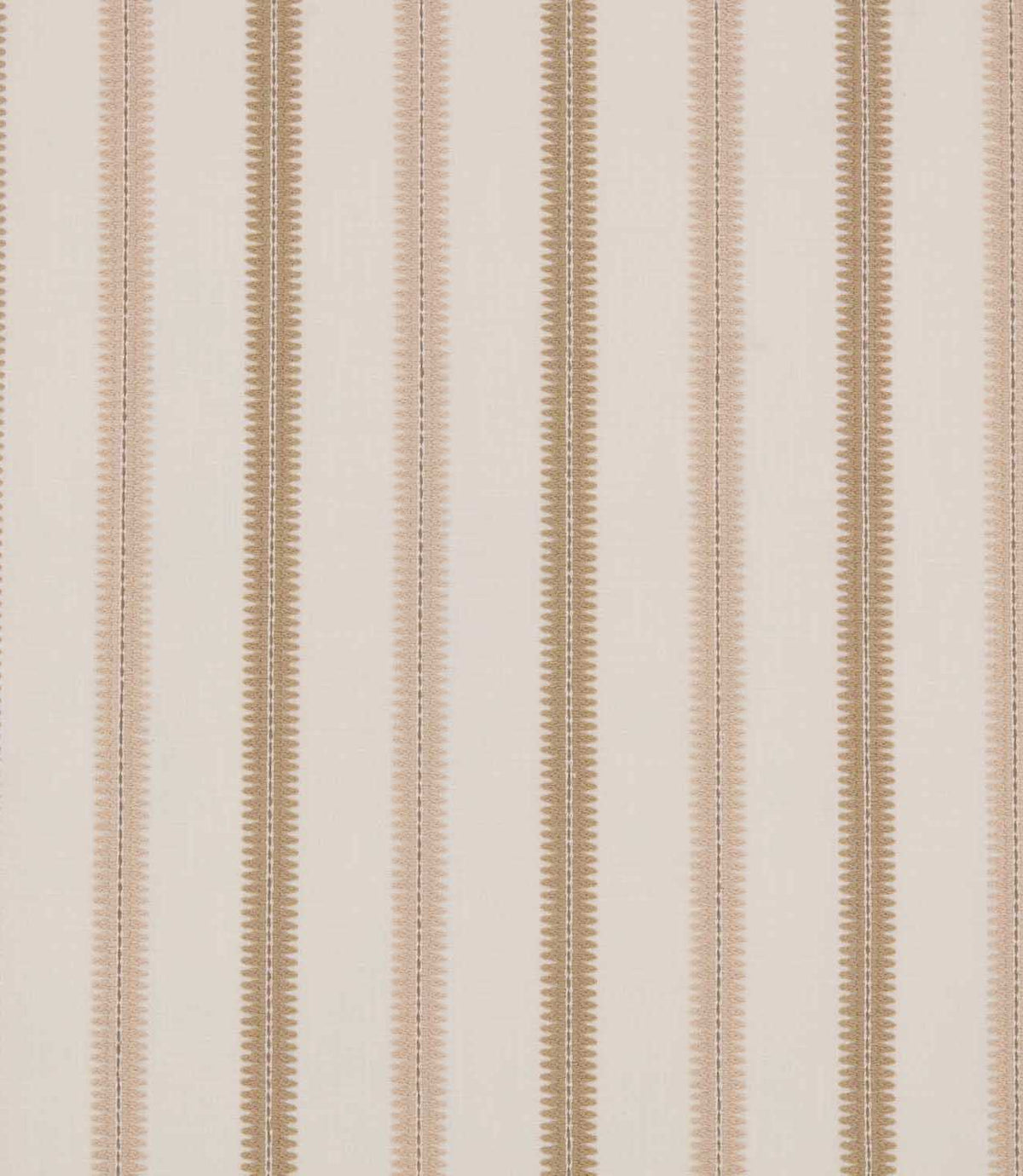 Meschutt Shell embroidered fabric featuring alternating soft blush pink and warm beige vertical stripes with decorative zigzag edges on an ivory background.