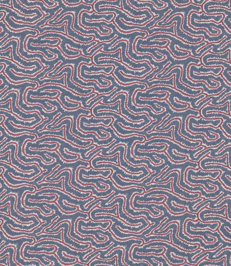 Noyack Anemone patterned fabric featuring a repeating abstract design of flowing, irregular shapes in muted slate blue, dusty rose pink and ivory, with intricate feathered outlines creating a distinctive, organic pattern.