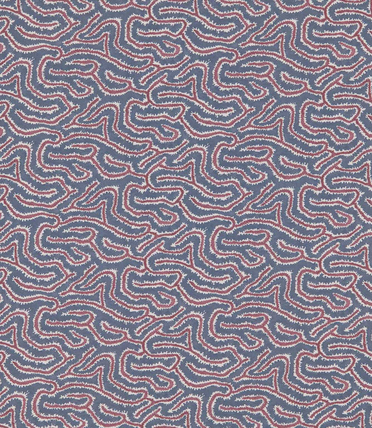 Noyack Anemone patterned fabric featuring a repeating abstract design of flowing, irregular shapes in muted slate blue, dusty rose pink and ivory, with intricate feathered outlines creating a distinctive, organic pattern.
