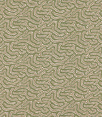 Noyack Kelp patterned fabric featuring an intricate repeating abstract design of flowing, irregular shapes in muted olive green, cream and soft beige, with finely detailed, textured outlines creating an organic, contemporary pattern.