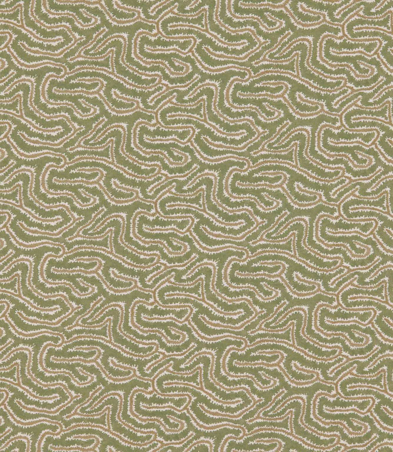 Noyack Kelp patterned fabric featuring an intricate repeating abstract design of flowing, irregular shapes in muted olive green, cream and soft beige, with finely detailed, textured outlines creating an organic, contemporary pattern.