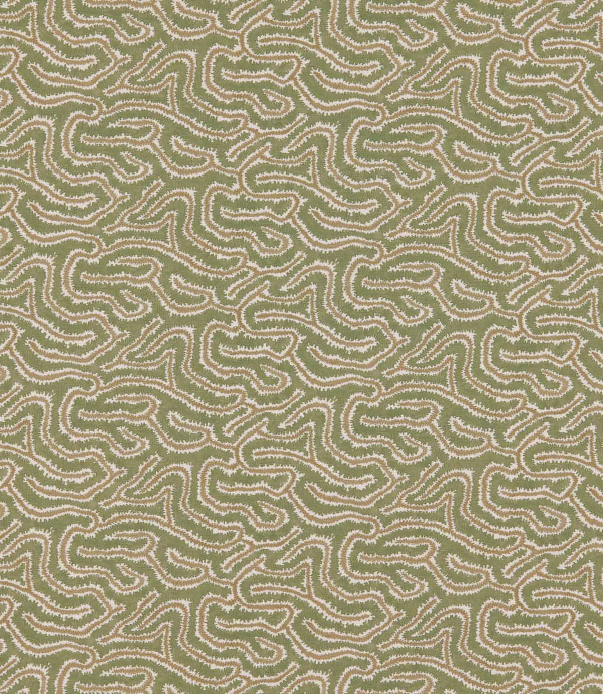 Noyack Kelp patterned fabric featuring an intricate repeating abstract design of flowing, irregular shapes in muted olive green, cream and soft beige, with finely detailed, textured outlines creating an organic, contemporary pattern.