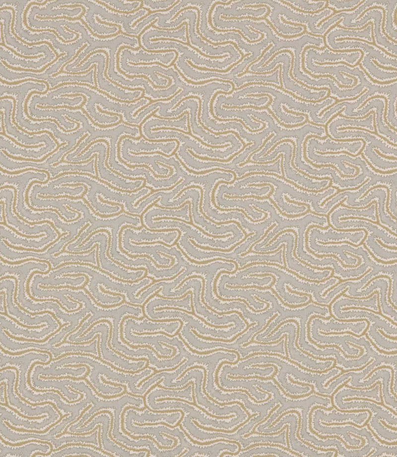 Noyack Quaker patterned fabric featuring an intricate repeating abstract design of flowing, irregular shapes in soft taupe, warm beige and cream, with finely detailed, textured outlines creating a contemporary organic pattern.