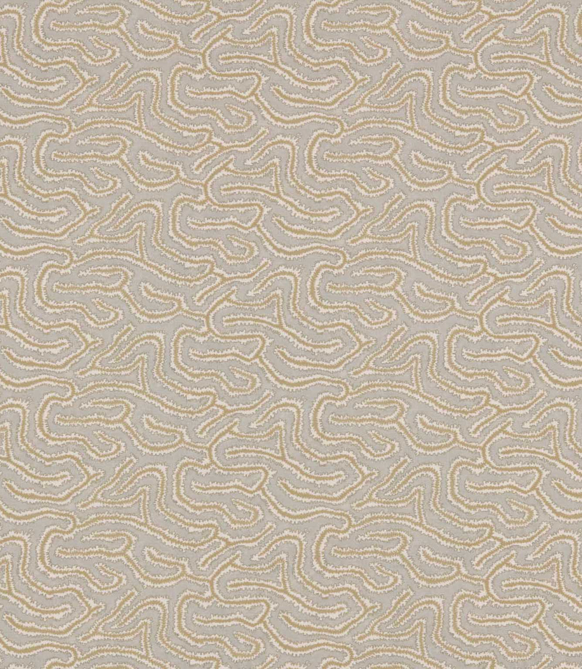 Noyack Quaker patterned fabric featuring an intricate repeating abstract design of flowing, irregular shapes in soft taupe, warm beige and cream, with finely detailed, textured outlines creating a contemporary organic pattern.