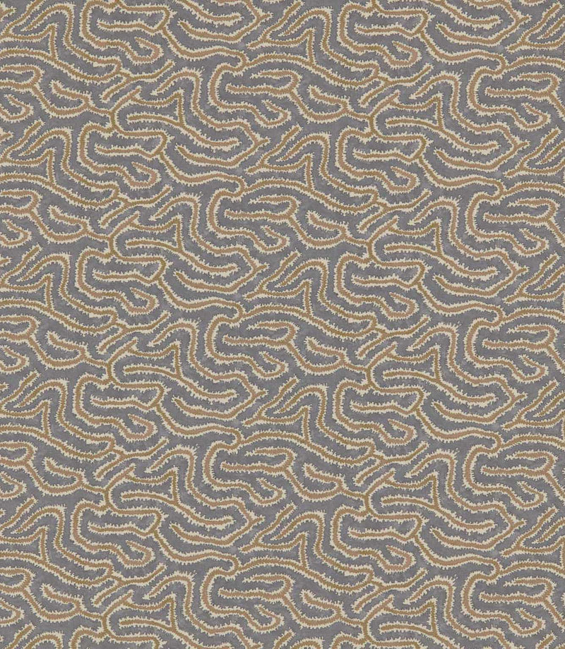 Noyack Rockport patterned fabric featuring a repeating abstract design of flowing, irregular shapes in muted slate grey, warm taupe and cream, with delicate feathered outlines creating an intricate, organic pattern.