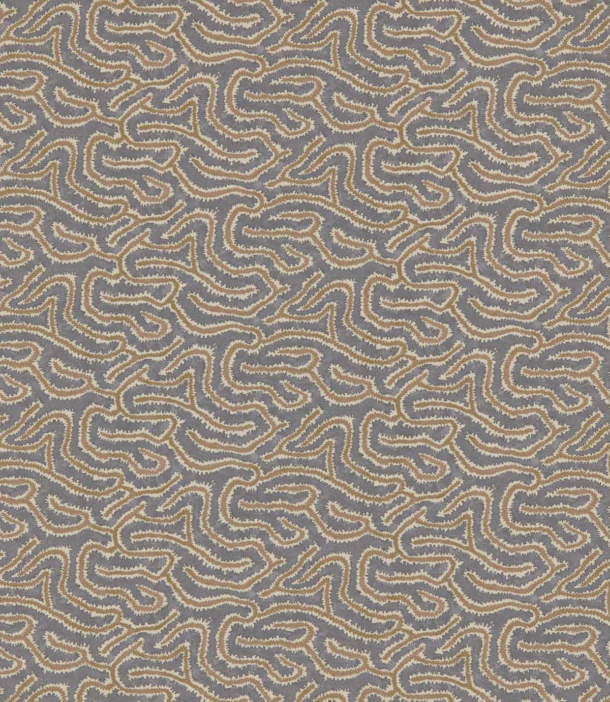 Noyack Rockport patterned fabric featuring a repeating abstract design of flowing, irregular shapes in muted slate grey, warm taupe and cream, with delicate feathered outlines creating an intricate, organic pattern.