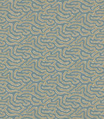 Noyack Saltwater patterned fabric featuring a repeating abstract design of flowing, irregular shapes in muted duck egg blue, warm beige and cream, with finely textured, feathered outlines creating an intricate, organic pattern.