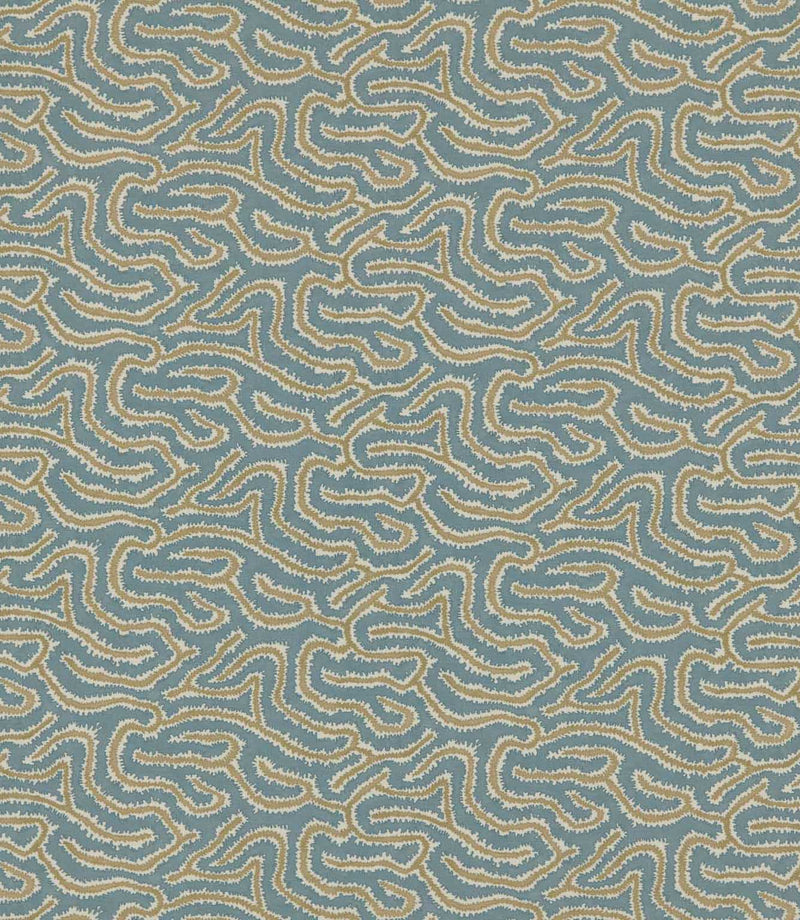 Noyack Saltwater patterned fabric featuring a repeating abstract design of flowing, irregular shapes in muted duck egg blue, warm beige and cream, with finely textured, feathered outlines creating an intricate, organic pattern.