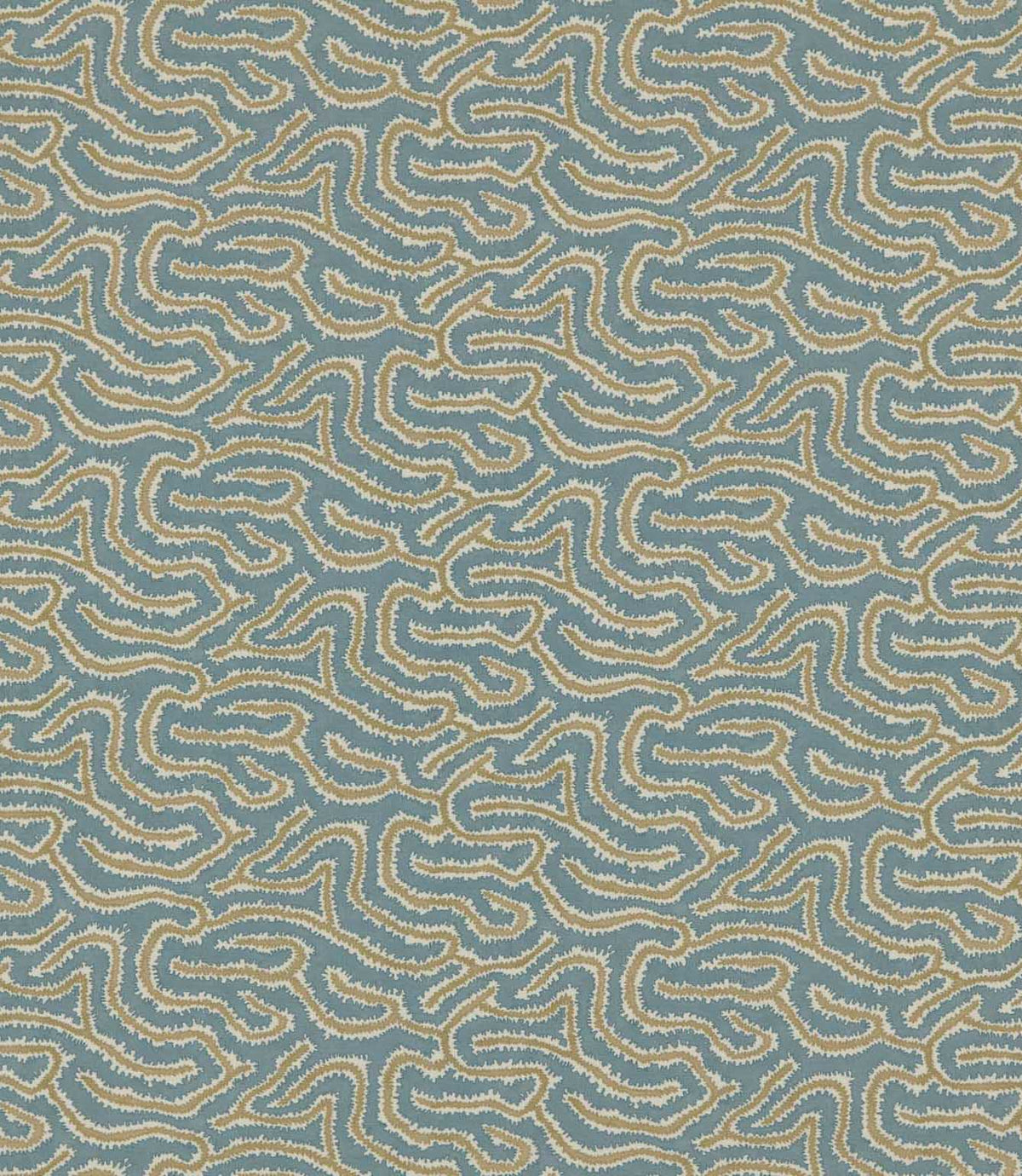 Noyack Saltwater patterned fabric featuring a repeating abstract design of flowing, irregular shapes in muted duck egg blue, warm beige and cream, with finely textured, feathered outlines creating an intricate, organic pattern.