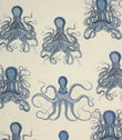 Nautical octopus print fabric in deep blue on an ivory background, shown as a full repeat pattern with detailed illustrated sea creatures.
