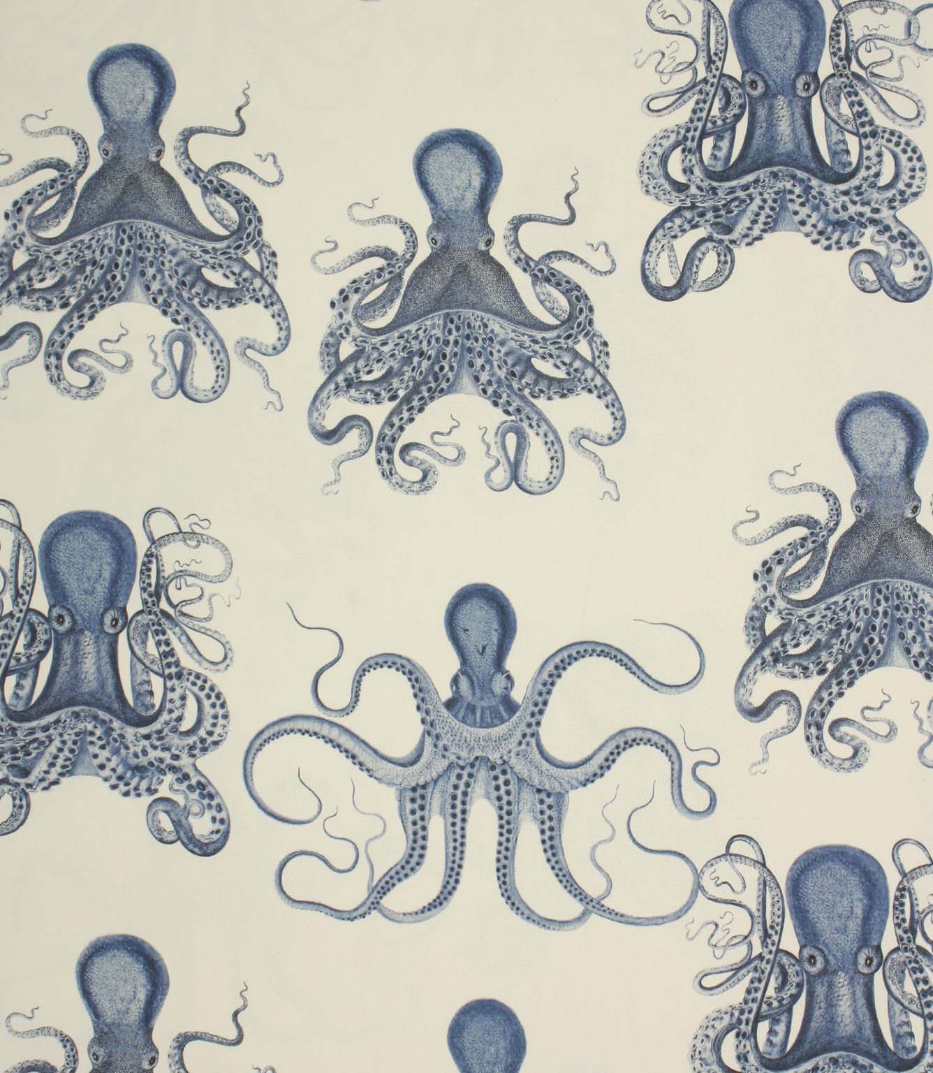 Nautical octopus print fabric in deep blue on an ivory background, shown as a full repeat pattern with detailed illustrated sea creatures.