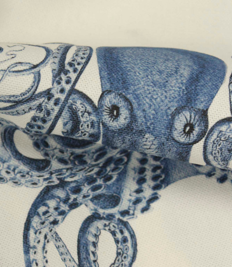Detailed close-up of octopus printed fabric highlighting intricate tentacle patterns, shading and textured weave finish.