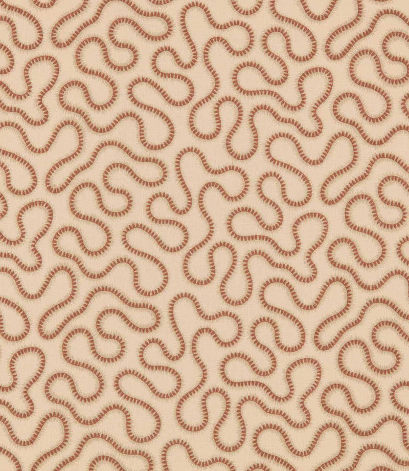 Orient Coralee embroidered fabric featuring flowing terracotta wavy lines with decorative stitched edges on a warm cream background.
Orient Gull