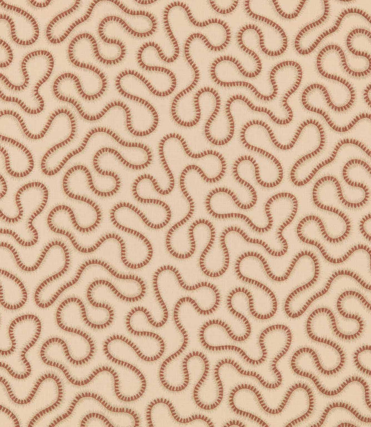 Orient Coralee embroidered fabric featuring flowing terracotta wavy lines with decorative stitched edges on a warm cream background.
Orient Gull