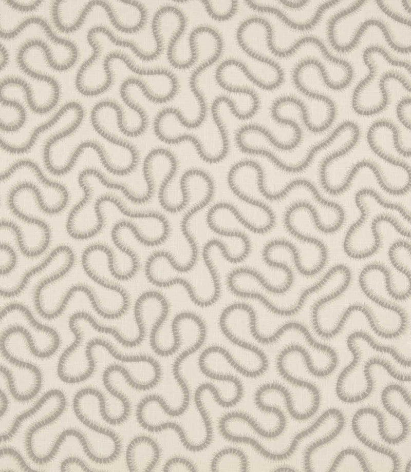 Orient Gull fabric with a repeating abstract wavy pattern in soft grey embroidery on a natural ivory woven background.