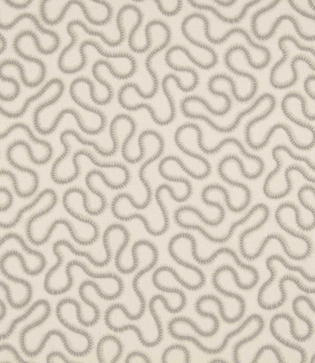 Orient Gull fabric with a repeating abstract wavy pattern in soft grey embroidery on a natural ivory woven background.