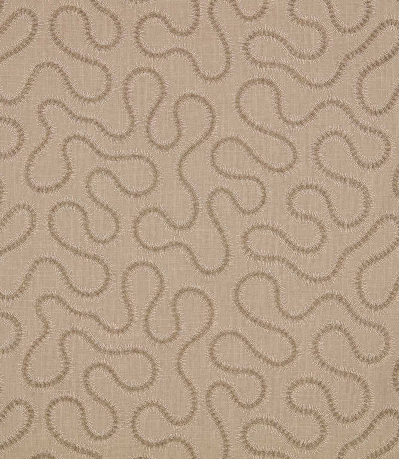 Orient Quaker embroidered fabric featuring a continuous flowing abstract pattern in tonal beige and taupe on a natural woven background.