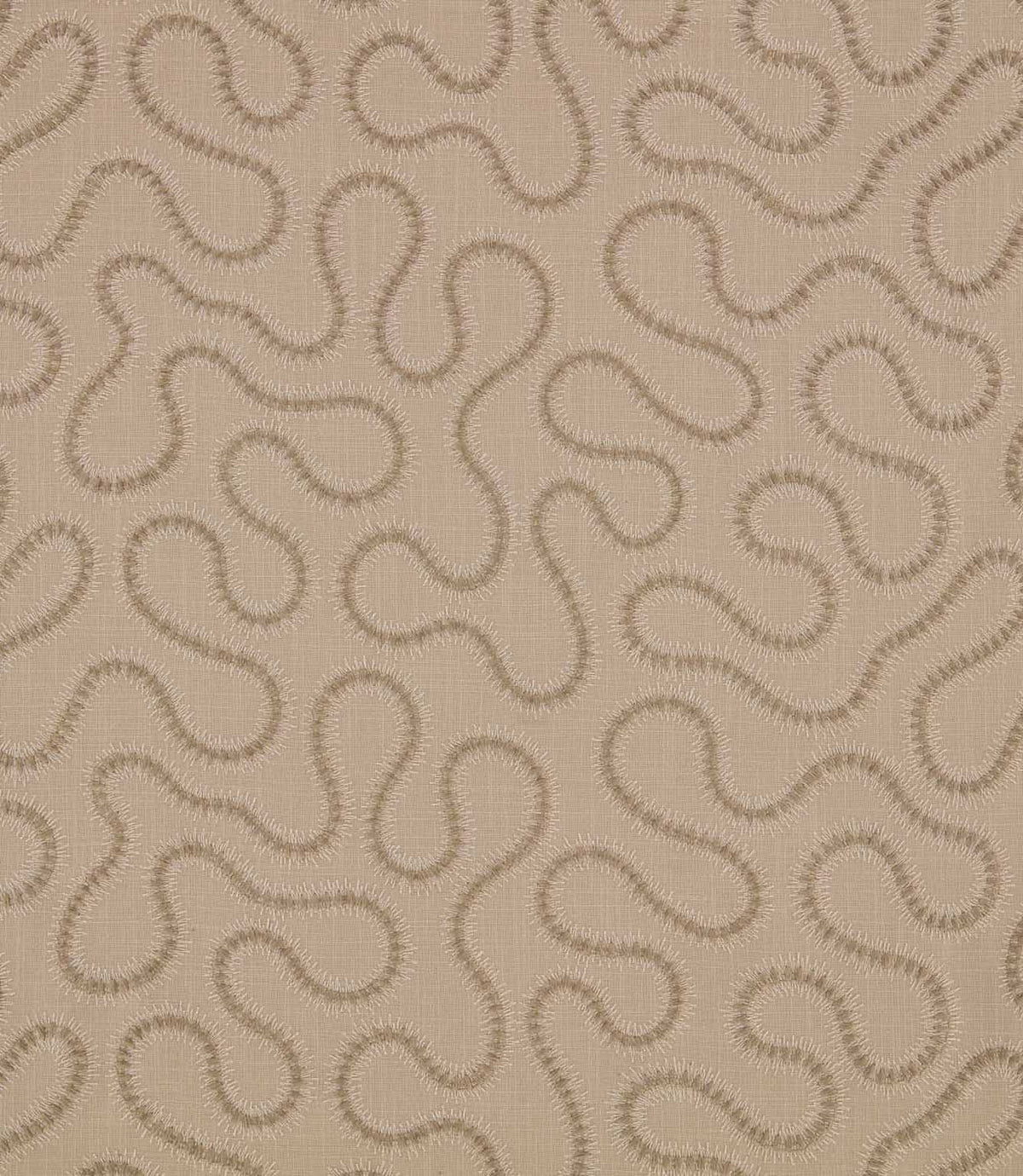 Orient Quaker embroidered fabric featuring a continuous flowing abstract pattern in tonal beige and taupe on a natural woven background.