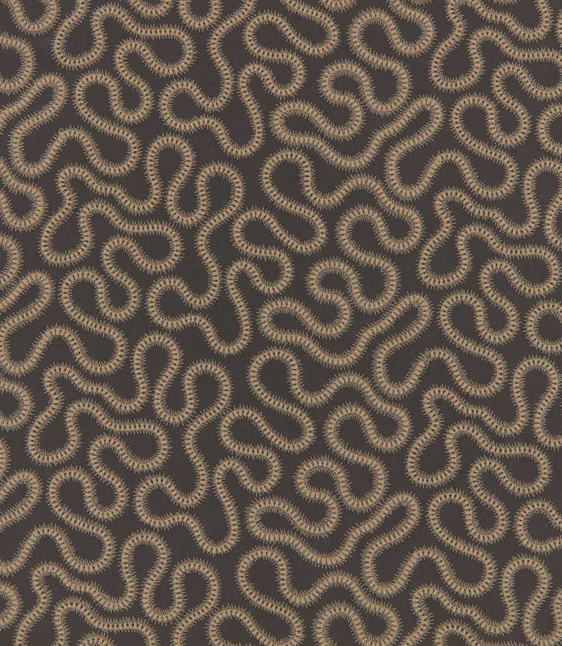 Orient Rockport fabric featuring intricate beige embroidered wavy lines on a deep charcoal background, creating a bold contemporary geometric design.