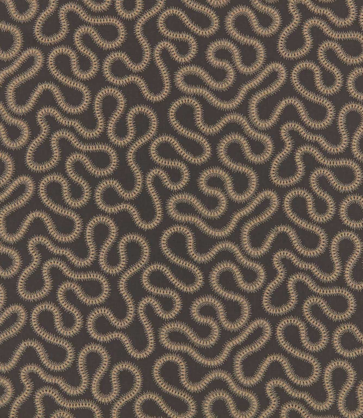 Orient Rockport fabric featuring intricate beige embroidered wavy lines on a deep charcoal background, creating a bold contemporary geometric design.
