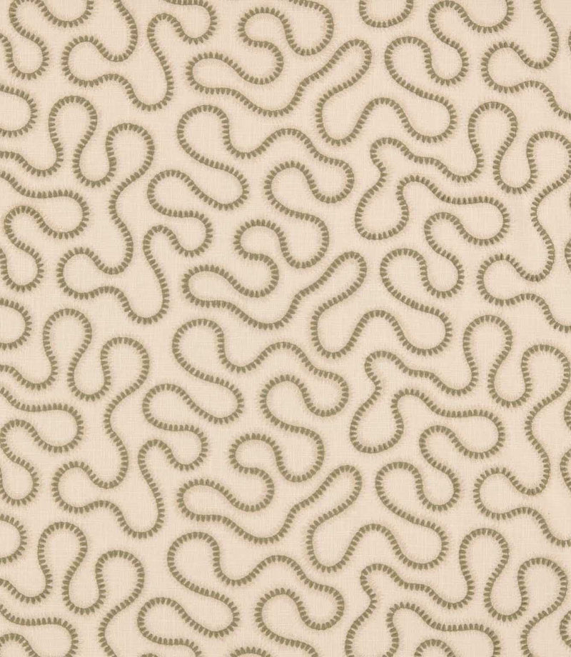Orient Willow embroidered fabric with a flowing abstract pattern in soft olive green on a natural cream woven background.